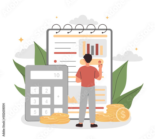 Financial balance concept. Man analyzes graphs and charts, working with statistics. Financial literacy, budgeting and making money plan. Employee or entrepreneur. Cartoon flat vector illustration