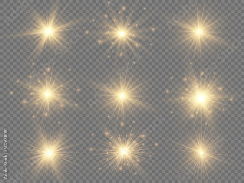 Yellow sparks sparkle, golden star rays, sun light