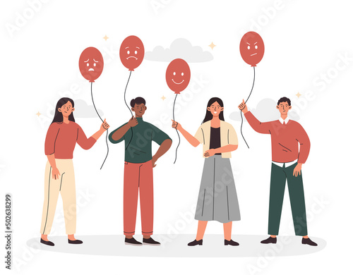 Customers with air balloons. Companys clients express their opinion, feedback and evaluation of product or service. People show their emotions and opinion about goods. Cartoon flat vector illustration