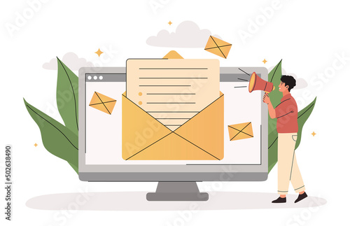 Email campaign concept. Man with loudspeaker calling customers for organization. Promotion on Internet and informing clients about promotions and special offers. Cartoon flat vector illustration