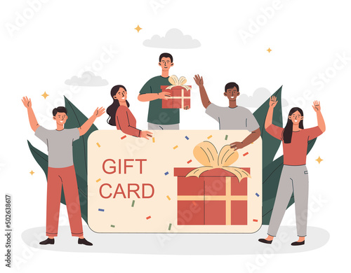 Gift card concept. Graphic elements for website. Special offers for buyers and users. Surprises, sales, promotions and discounts. Advertising poster or banner. Cartoon flat vector illustration