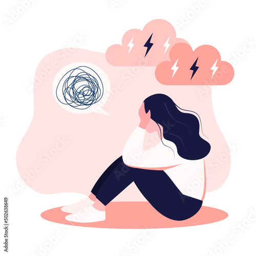 A female woman in depression with bewildered thoughts of her mind is depressed. In window, young sad girl sitting on her knees and hugging her knees. flat style