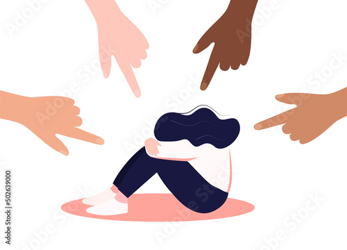 People s hands point to the girl. It is a non-confident woman. People s opinion and the pressure of society. Shame. Flat vector Flat Vector