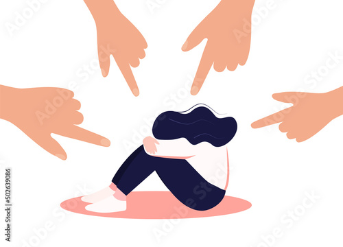 People s hands point to the girl. It is a non-confident woman. People s opinion and the pressure of society. Shame. Flat vector Flat Vector