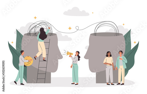 Psychological help metaphor. Abstract silhouette of head unravels tangle of another. Mental health and support. Depression, confusion, sorrow and frustration. Cartoon flat vector illustration