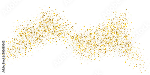 Golden glitter confetti on a white background. Illustration of a drop of shiny particles. Decorative element. Luxury background for your design  cards  invitations  gift  vip.