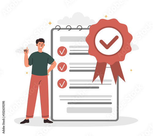 Product quality concept. Man checks product in accordance with requirements. Evaluation of goods of organization or company. Employee next to notebook with rules. Cartoon flat vector illustration