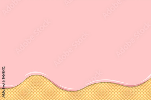 Ice cream or yogurt melt on waffle. Pink creamy or milk liquid drips flow on toasted crispy biscuits. Glazed wafer sweet cake texture. Vector background template for banner with space for text