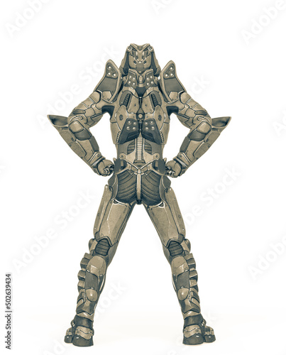 man in an armored nano tech suit is doing a power pose like a super hero hear view