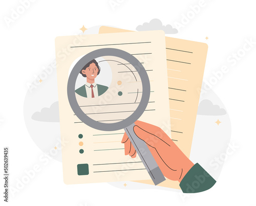Boss check resume. Candidate for vacancy, evaluation of documents. Expansion of organizations staff, search for talented employees. Manager from HR department. Cartoon flat vector illustration
