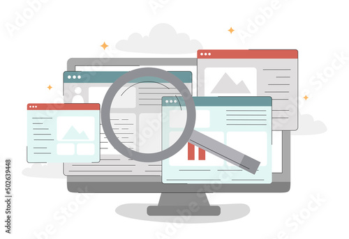 Search engine concept. Work with information, analytical department. SMM specialists optimize organizations website page for successful promotion on Internet. Cartoon flat vector illustration