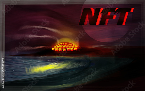 NFT non fungible token digital art, unique crypto art concept with abstract vector illustration a painting of night  sea.