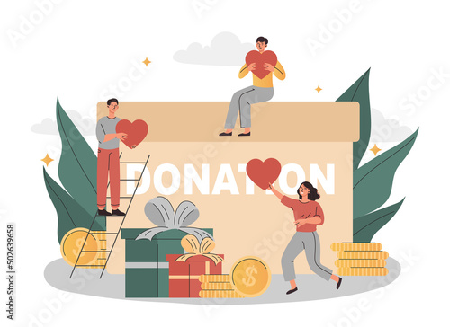 Concept of volunteers. Characters collect donations, care and support for vulnerable segments of population, charity. Men and girls save money, poster or banner. Cartoon flat vector illustration