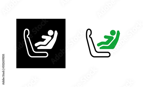 The direction of use of the baby seat of the car. Car child isofix seat icon. Silhouette and linear original logo. Simple outline style sign icon. Vector illustration isolated on white background. EPS photo