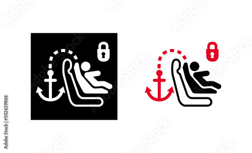 Car child isofix seat icon. The baby seat of the car is locked from the back. Silhouette and linear original logo. Simple outline style sign icon. Vector illustration isolated on white background. EPS