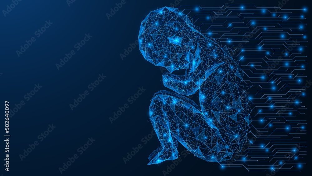 Human embryo connected to the lines of a printed circuit board