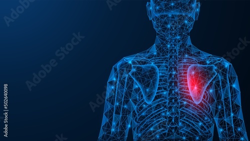 Back pain in the scapula area. The vertebral part of the human skeleton. Polygonal design of interconnected lines and points. Blue background.