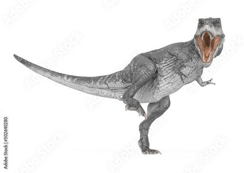 tyrannosaurus rex is walking slowly in white background