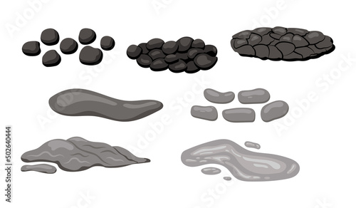 Bristol poop excrement scale chart black and white icon set. Different poo type - hard, soft, waterly heap of shit health indicator isolated. Flat design vector clip art gray animal poo illustration.