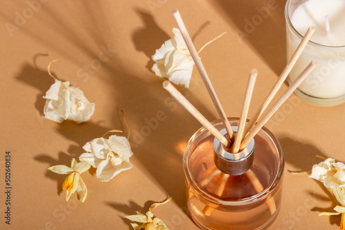 reed diffuser with flowers. Incense sticks for the home with a floral scent with hard shadows. The concept of eco-friendly fragrance for the home photo