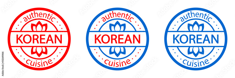 Korean authentic cuisine stamp. Set of Korean food labels. Taste of asian food. Best in town. Korean authentic cuisine stamp. Set of Korean food labels. Taste of asian food. Best in town.