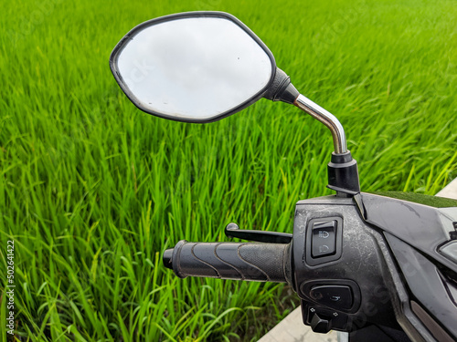 Scooter motorcycle handle bar, view mirror, and switchs in rice field.