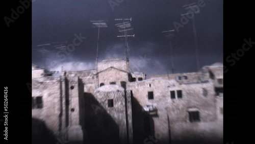 Radio Antenna Western Wall 1971 - Radio Antenna rise above the northern edge of the Western Wall plaza   photo