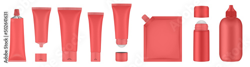 Set of red tubes and bottles. Roller ball tube. Body antiperspirant deodorant roll-on, open and closed blank tubes with screw cap. Realistic mockup. Eye Cream Roll Ball. Applicator. Spouted pouch