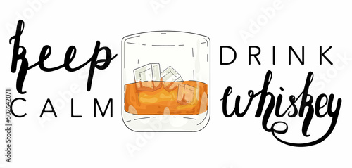 Scotch, whiskey, brandy shot glass, sketch style hand drawn vector poster, banner, invitation template design with lettering. Keep calm Drink whiskey. Summer time party Vector glass of whiskey.