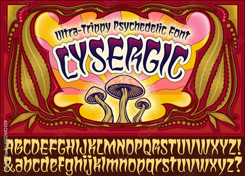 Lysergic is a psychedelic lettering style that tapers thin at the bottom. This 1960s style alphabet includes a marijuana and mushroom-themed border artwork with stippled dots.