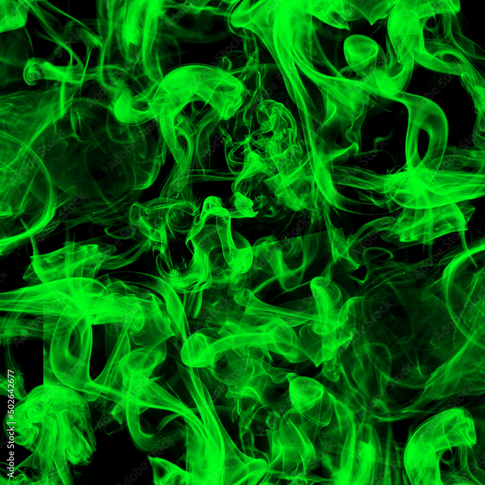 Abstract green smoke on square black background