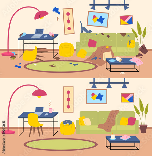 Cartoon Color Clean and Dirty Stained Home Living Room Concept Flat Design Style. Vector illustration of Organize Cleaning