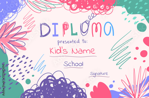 Education Diploma Template for Kids Concept Banner Poster Card Set Flat Design Style. Vector illustration of Certificate