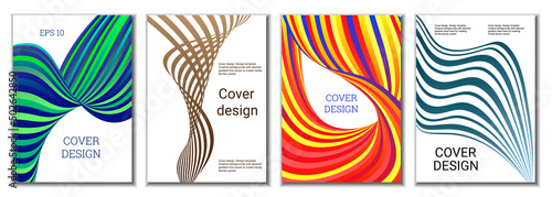 A set of 4 abstract covers. Wavy parallel gradient lines, ribbons evolve. Cover design, background. Trendy banner, poster.