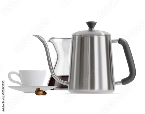 Realistic Detailed 3d Coffee Brewing Gadgets Set Include of Glass Pour-over Drip Kettle and Cup Isolated on a White Background. Vector illustration