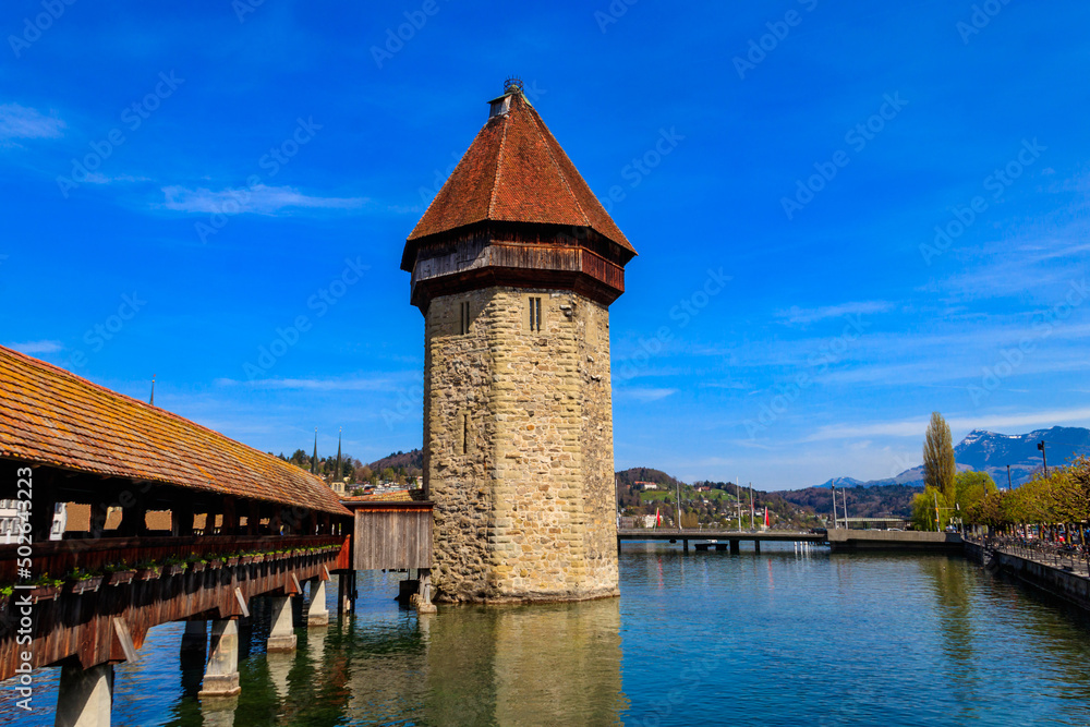 Chapel bridge spanning the river Reuss in the city of Lucerne, Switzerland