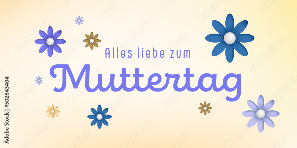 German text : Alles liebe zum Muttertag, with colorful flowers on a white background, purple,blue,brown and ocher