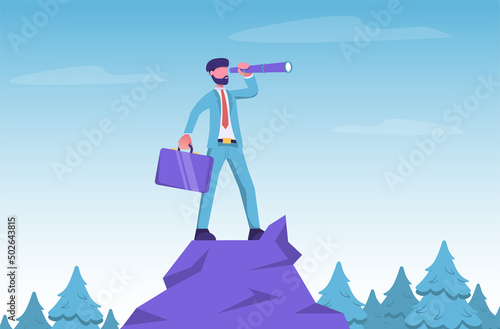 Financial perspective. A businessman stands on a mountain and looks through a spyglass 