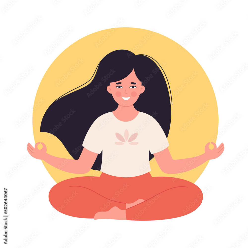 Woman meditating in lotus pose. Healthy lifestyle, yoga, relax, breathing exercise. World yoga day. Hand drawn vector illustration