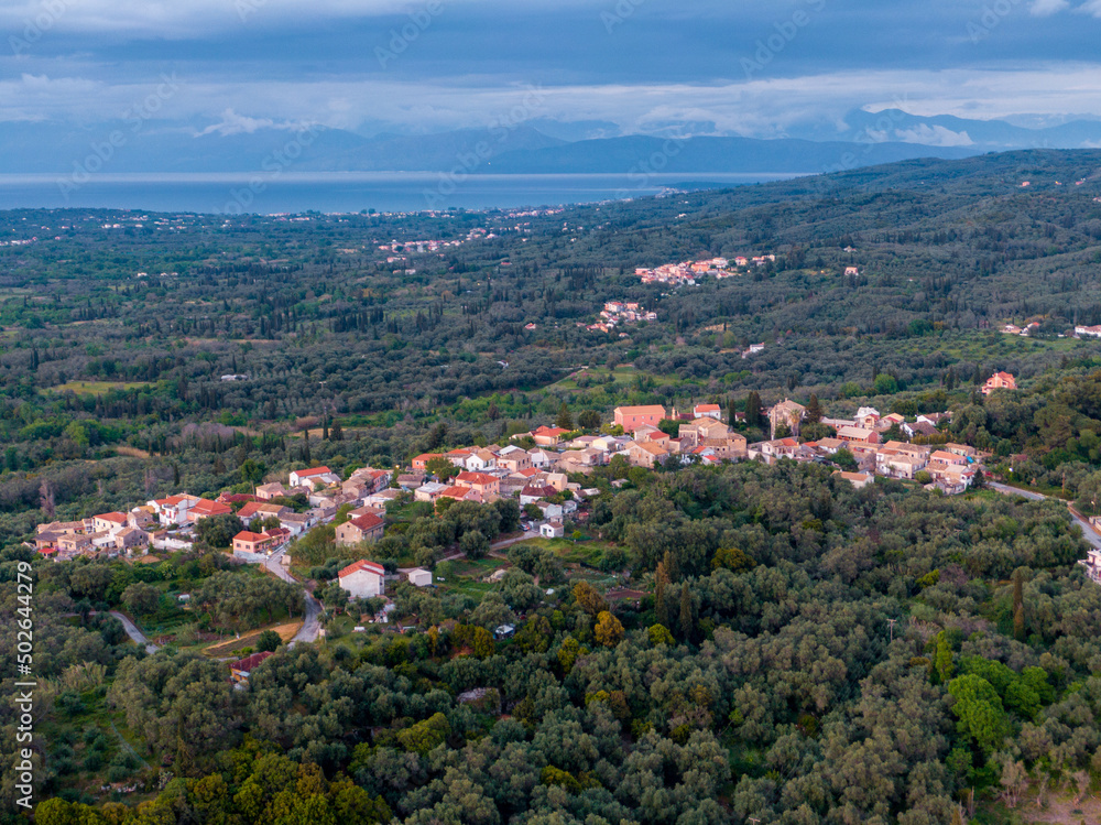 Aerial drone view of Agioi douloi village in nort corfu, Greece