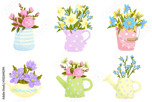 Bouquets of flowers in vases.Set of vintage floral arrangements.Vector graphics.
