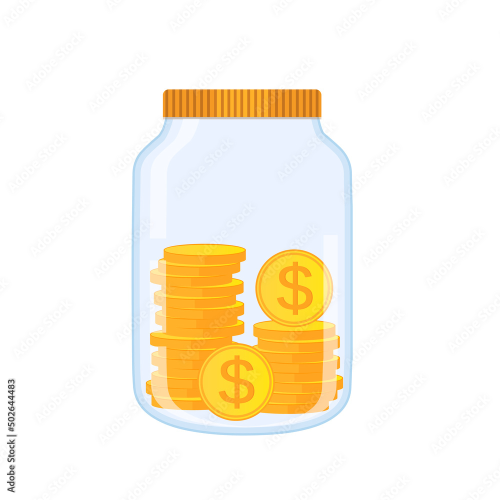 Money Jar. Saving dollar coin in jar.Save your money concept. Vector illustration in flat style