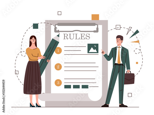 Business rules concept. Man and girl with large pencil studying document. Corporate attitudes and goals, responsible employees. Characters next to checklist. Cartoon flat vector illustration