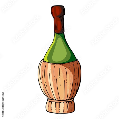 Fotografi Red wine in italian fiasco bottle isolated on white background cartoon vector il