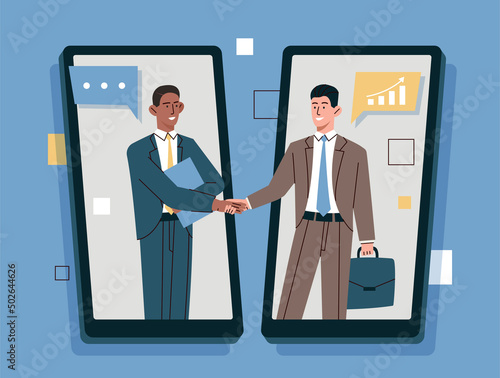 Deal concluding concept. Businessmen shake hands through screens of smartphones, remote successful negotiations. Partners made deal, investor and entrepreneur. Cartoon flat vector illustration