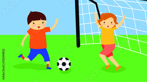 children play football, the boy scores a goal