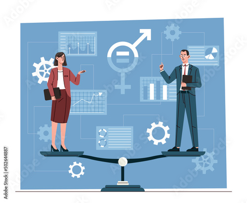 Gender equality concept. Man and girl stand on scales, no discrimination. Opportunities to build career in company. Tolerance and respect for rights and freedoms. Cartoon flat vector illustration