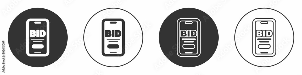 Black Online auction icon isolated on white background. Bid sign. Auction bidding. Sale and buyers. Circle button. Vector Black Online auction icon isolated on white background. Bid sign. Auction bidding. Sale and buyers. Circle button. Vector