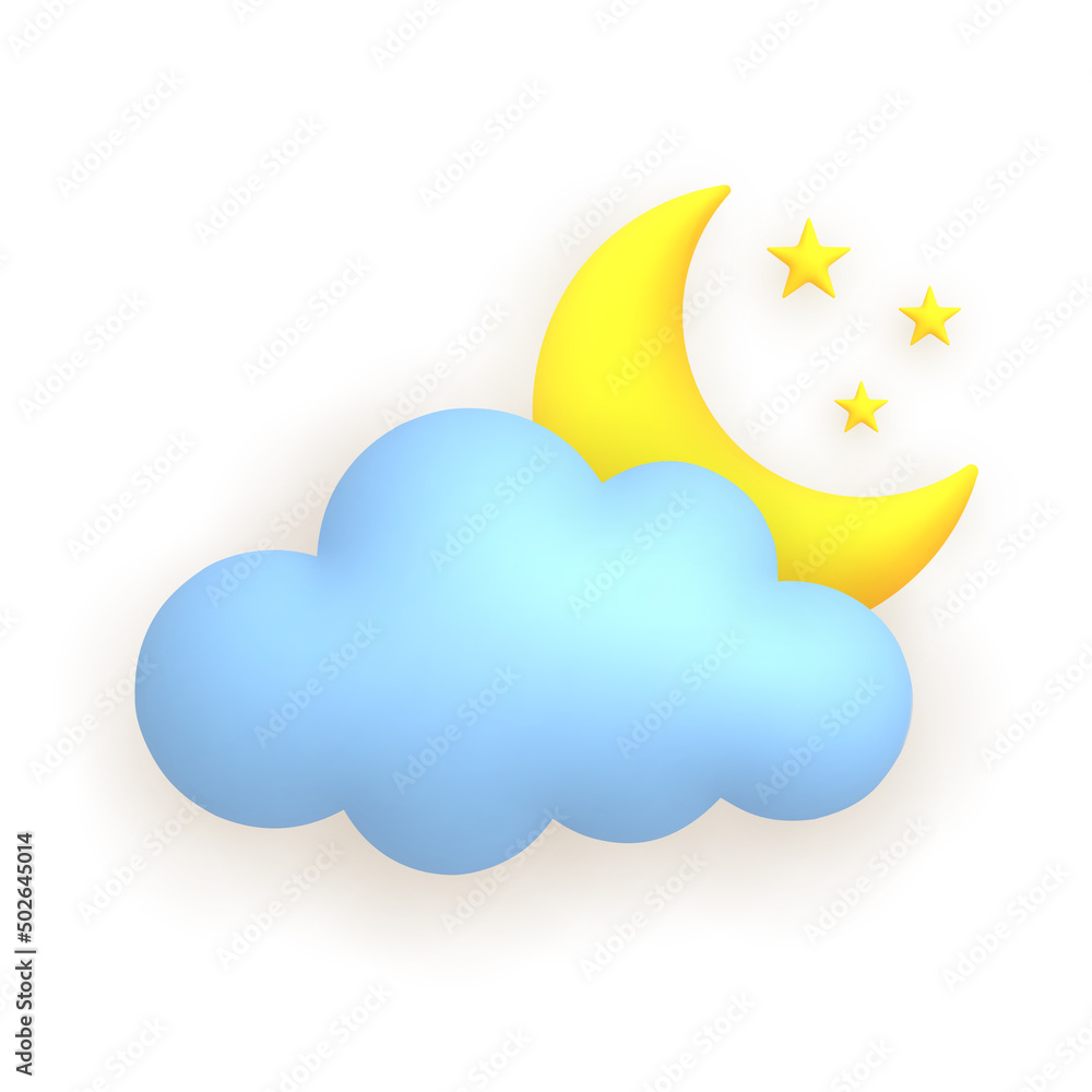 Cloud, moon, stars. Cute weather realistic icon. 3d cartoon. Cloud, moon, stars. Cute weather realistic icon. 3d cartoon.
