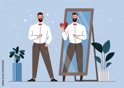 High self esteem concept. Man stands in front of mirror against backdrop of reflection with heart. Confidence and positive psychology, mental health and optimism. Cartoon flat vector illustration
